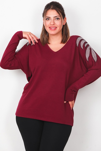 Büyük Beden V Yaka Omuz Taşlı Uzun Kol Bluz 