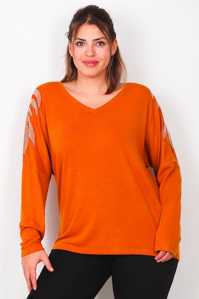 Büyük Beden V Yaka Omuz Taşlı Uzun Kol Bluz 
