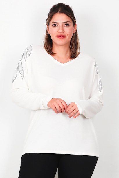 Büyük Beden V Yaka Omuz Taşlı Uzun Kol Bluz 