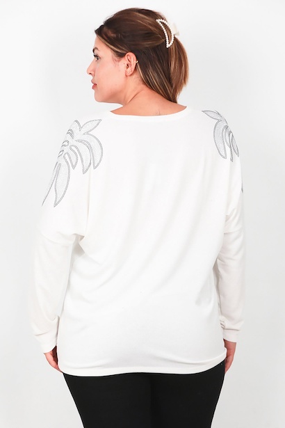 Büyük Beden V Yaka Omuz Taşlı Uzun Kol Bluz  Ekru 6