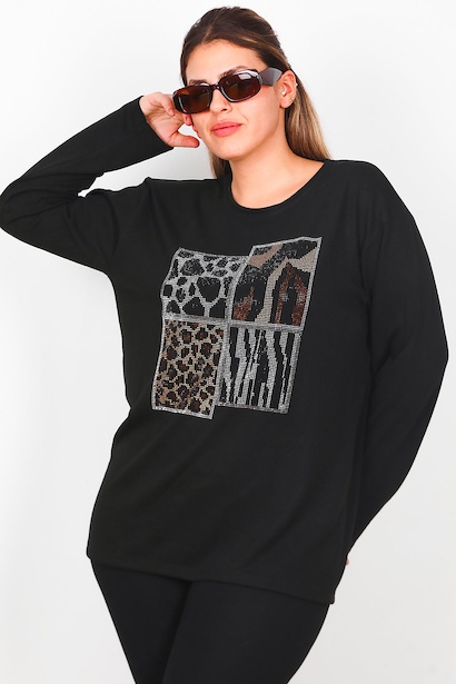 Büyük Beden Leopar Taşlı Uzun Kol Bluz 