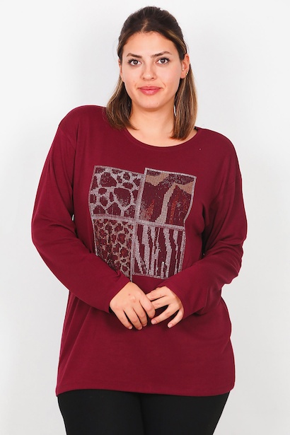 Büyük Beden Leopar Taşlı Uzun Kol Bluz 