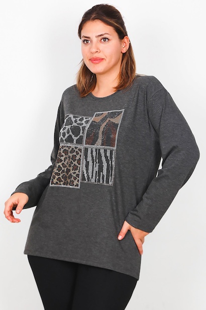 Büyük Beden Leopar Taşlı Uzun Kol Bluz 