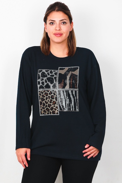 Büyük Beden Leopar Taşlı Uzun Kol Bluz 