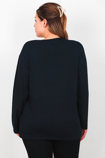 Büyük Beden Leopar Taşlı Uzun Kol Bluz  Lacivert 6