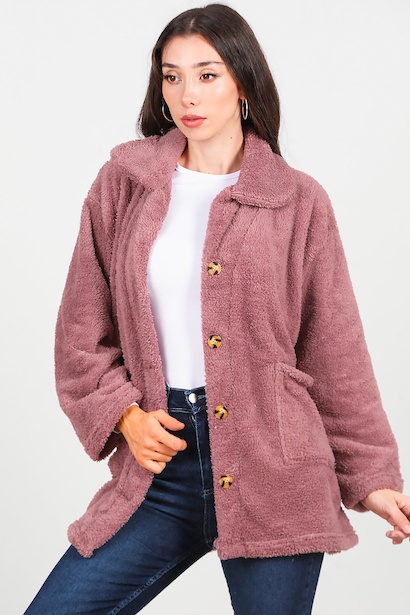 Kadın Önü Düğmeli Peluş Ceket  Mürdüm 6