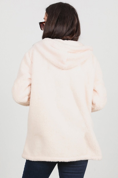 Kadın Kapşonlu Fermuarlı Peluş Ceket  Ekru 6