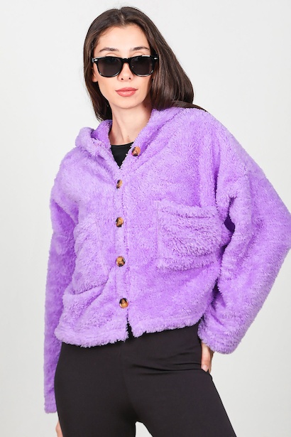 Kadın Kısa Kapşonlu Düğmeli Peluş Ceket 