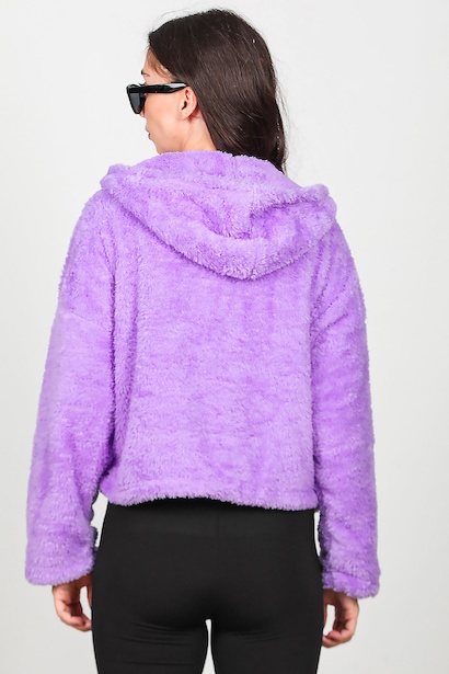 Kadın Kısa Kapşonlu Düğmeli Peluş Ceket  Lila 6