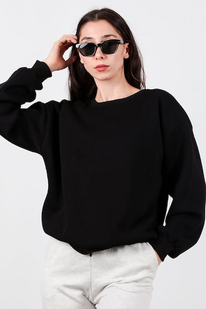 Kadın Bisiklet Yaka Şardonlu Sweat  Siyah 6