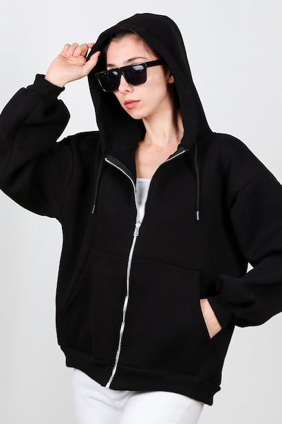 Kadın Kapşonlu Fermuarlı Şardonlu Sweat  Siyah 6