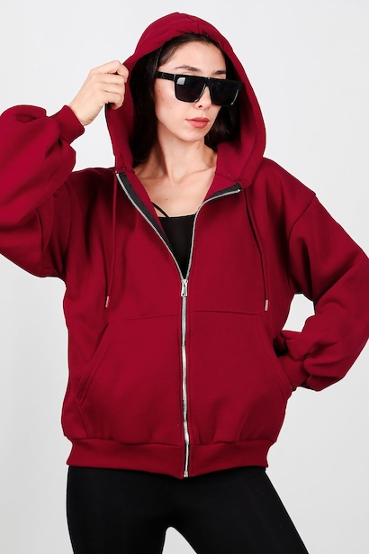 Kadın Kapşonlu Fermuarlı Şardonlu Sweat  Bordo 6