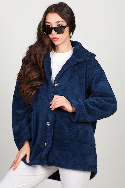 Kadın Önü Düğmeli Peluş Ceket  Lacivert 6