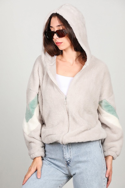 Kadın Kapşonlu Kol Çizgi Detay Peluş Ceket 