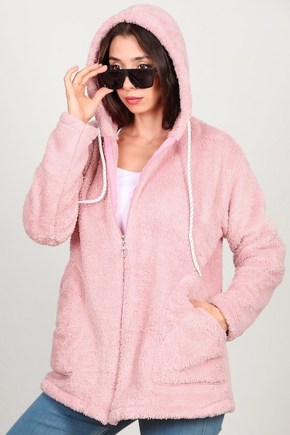 Kadın Kapşonlu Fermuarlı Peluş Ceket 