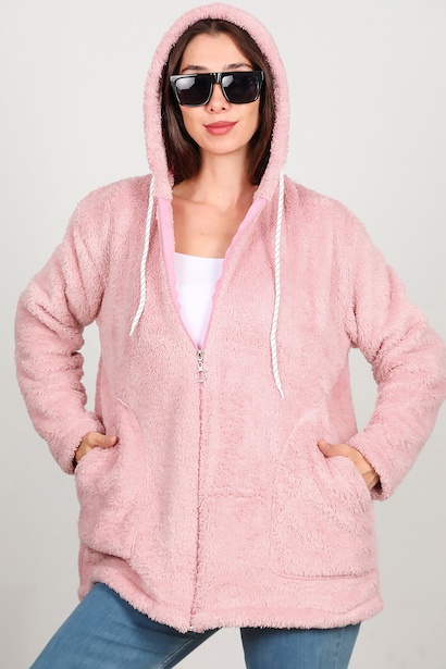 Kadın Kapşonlu Fermuarlı Peluş Ceket  Pudra 6
