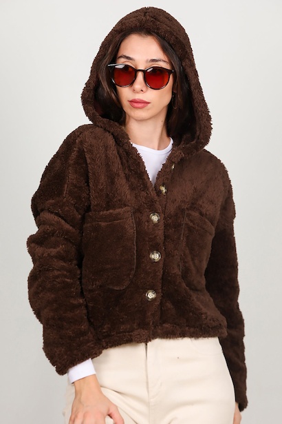 Kadın Kısa Kapşonlu Düğmeli Peluş Ceket 