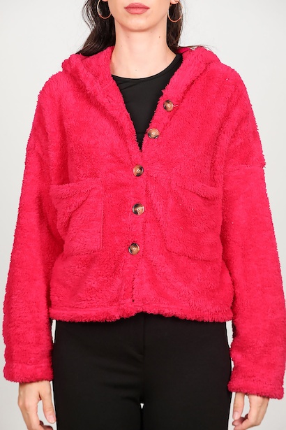 Kadın Kısa Kapşonlu Düğmeli Peluş Ceket  Fuşya 6