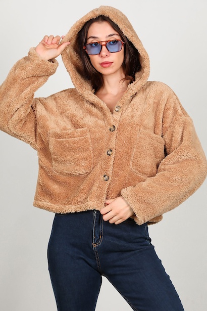 Kadın Kısa Kapşonlu Düğmeli Peluş Ceket  Bej 6