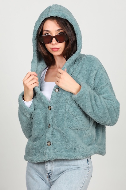 Kadın Kısa Kapşonlu Düğmeli Peluş Ceket 