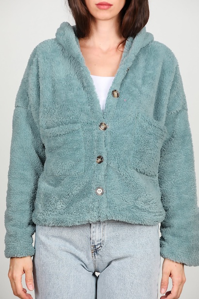 Kadın Kısa Kapşonlu Düğmeli Peluş Ceket  Mint 6