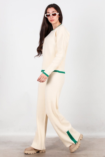 Kadın Garnili Paça Fermuarlı Triko Takım  Yeşil 6