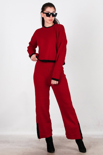 Kadın Garnili Paça Fermuarlı Triko Takım  Bordo 6