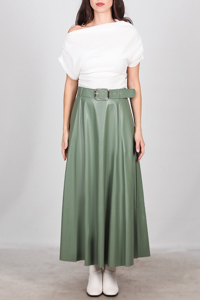 Kadın Uzun Kemerli Deri Etek  Yeşil 6