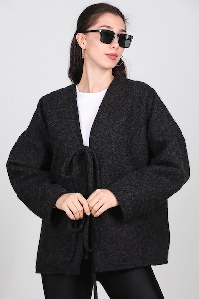 Kadın Ön Bağlama Sakallı Kaşe Hırka 