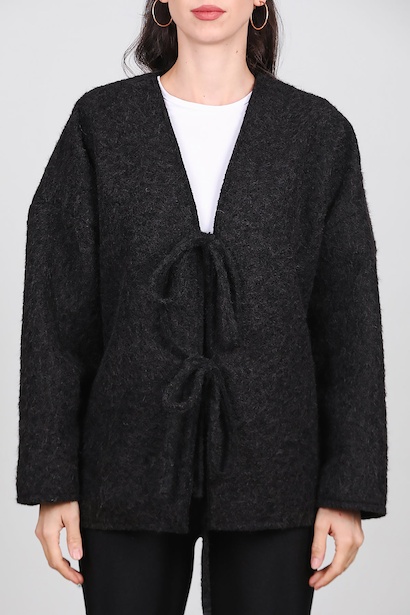 Kadın Ön Bağlama Sakallı Kaşe Hırka  Siyah 6