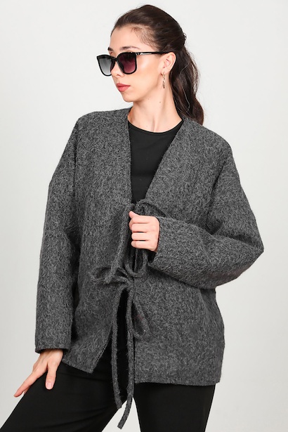 Kadın Ön Bağlama Sakallı Kaşe Hırka  Antrasit 6