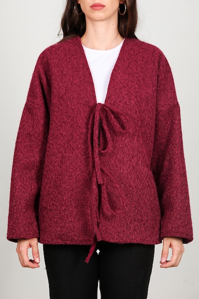 Kadın Ön Bağlama Sakallı Kaşe Hırka  Bordo 6