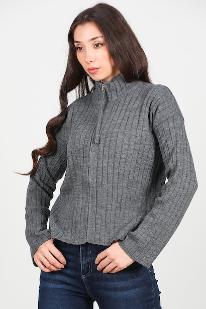 Kadın Önü Fermuarlı Triko Ceket 