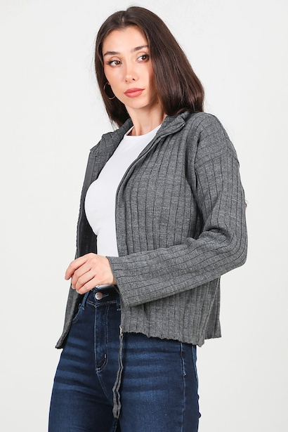 Kadın Önü Fermuarlı Triko Ceket  Antrasit 6