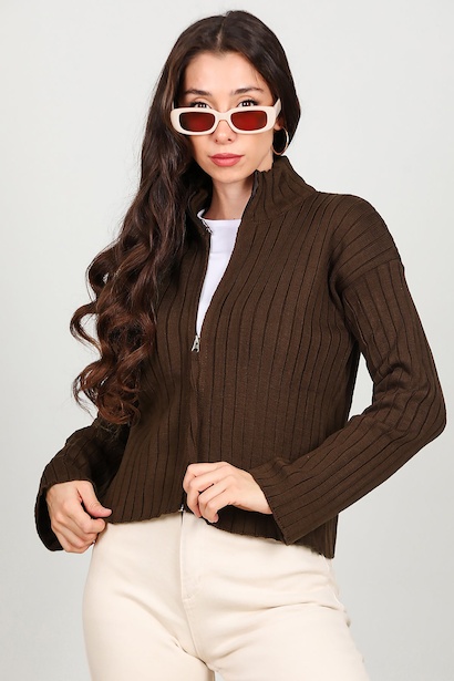 Kadın Önü Fermuarlı Triko Ceket 