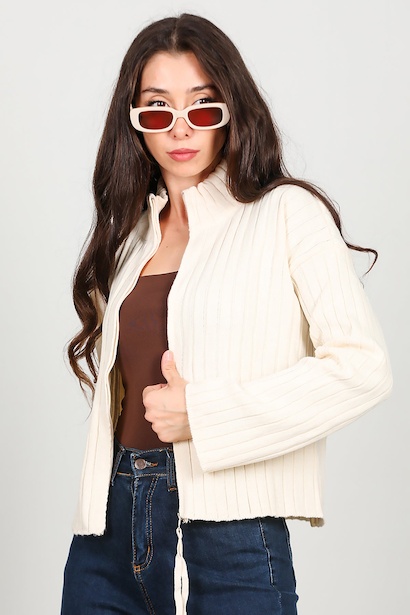 Kadın Önü Fermuarlı Triko Ceket 