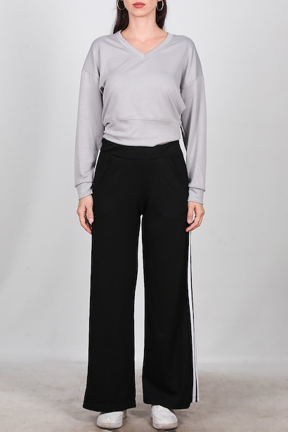 Kadın Yan Çizgili Bol Paça Eşofman  Siyah 6