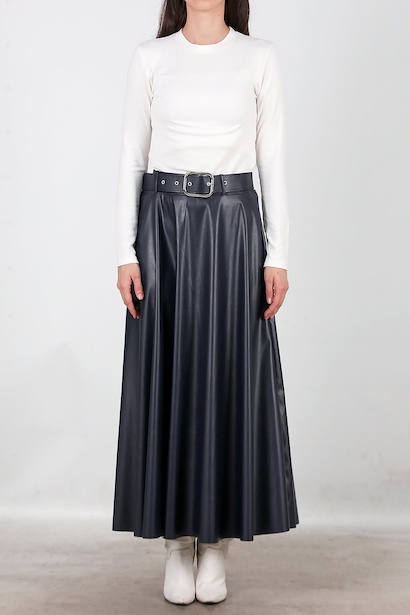 Kadın Uzun Kemerli Deri Etek  Lacivert 6