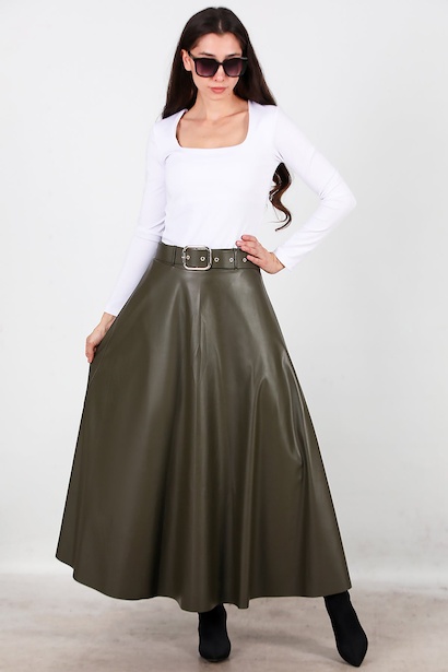 Kadın Uzun Kemerli Deri Etek 
