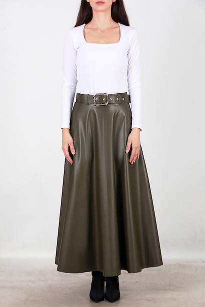 Kadın Uzun Kemerli Deri Etek  Haki 6
