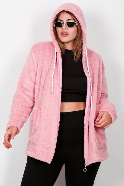 Büyük Beden Kapşonlu Fermuarlı Peluş Ceket 