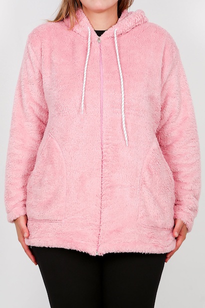Büyük Beden Kapşonlu Fermuarlı Peluş Ceket  Pudra 6