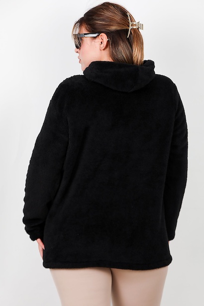 Büyük Beden Kapşonlu Fermuarlı Peluş Ceket  Siyah 6