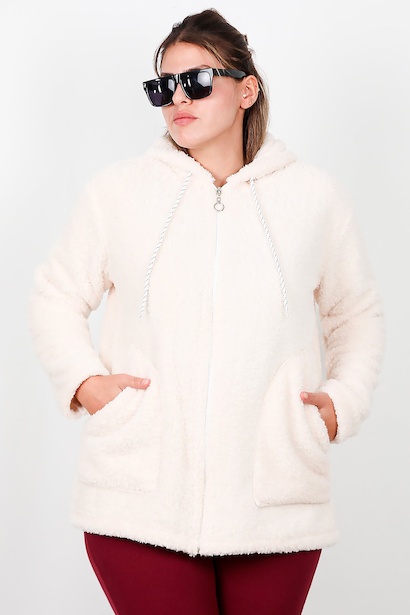 Büyük Beden Kapşonlu Fermuarlı Peluş Ceket 