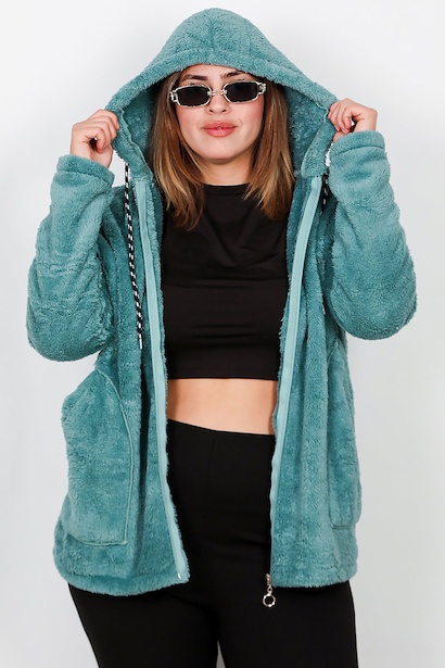 Büyük Beden Kapşonlu Fermuarlı Peluş Ceket 