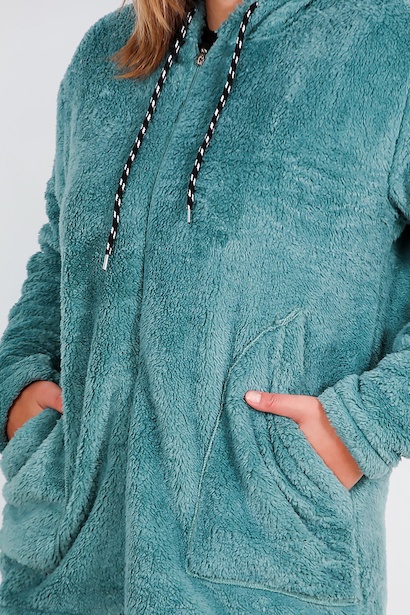 Büyük Beden Kapşonlu Fermuarlı Peluş Ceket  Mint 9