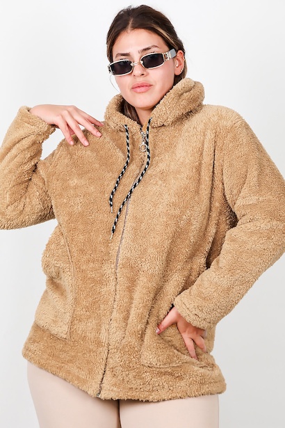 Büyük Beden Kapşonlu Fermuarlı Peluş Ceket 