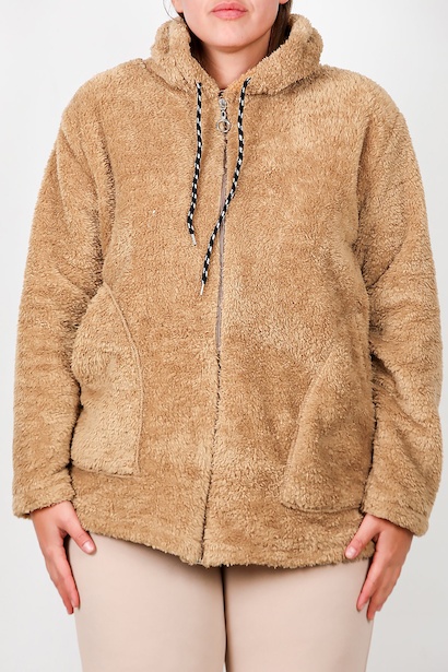 Büyük Beden Kapşonlu Fermuarlı Peluş Ceket  Bej 6
