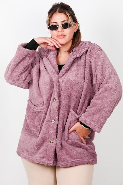 Büyük Beden Önü Düğmeli Peluş Ceket 