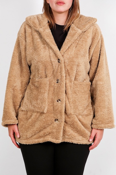 Büyük Beden Önü Düğmeli Peluş Ceket  Bej 6
